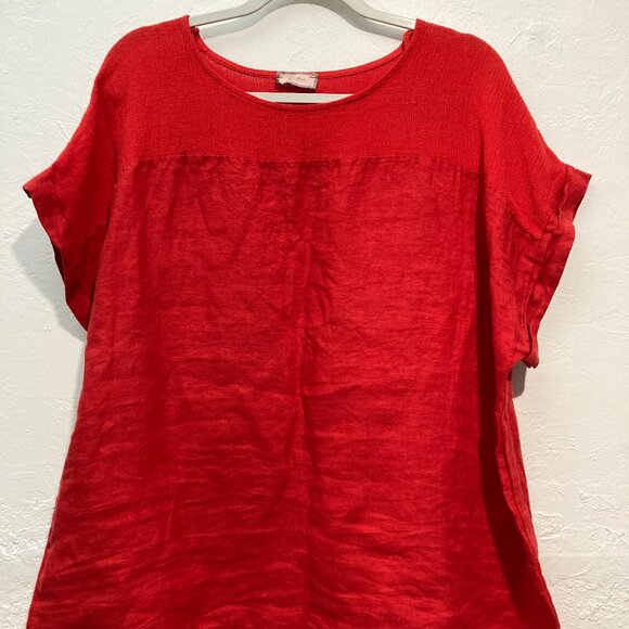 Saiph Lab Plus Linen Yoke Peasant Italy Blouse Shirt Top Solid Red 3X Minimalist - Picture 3 of 10